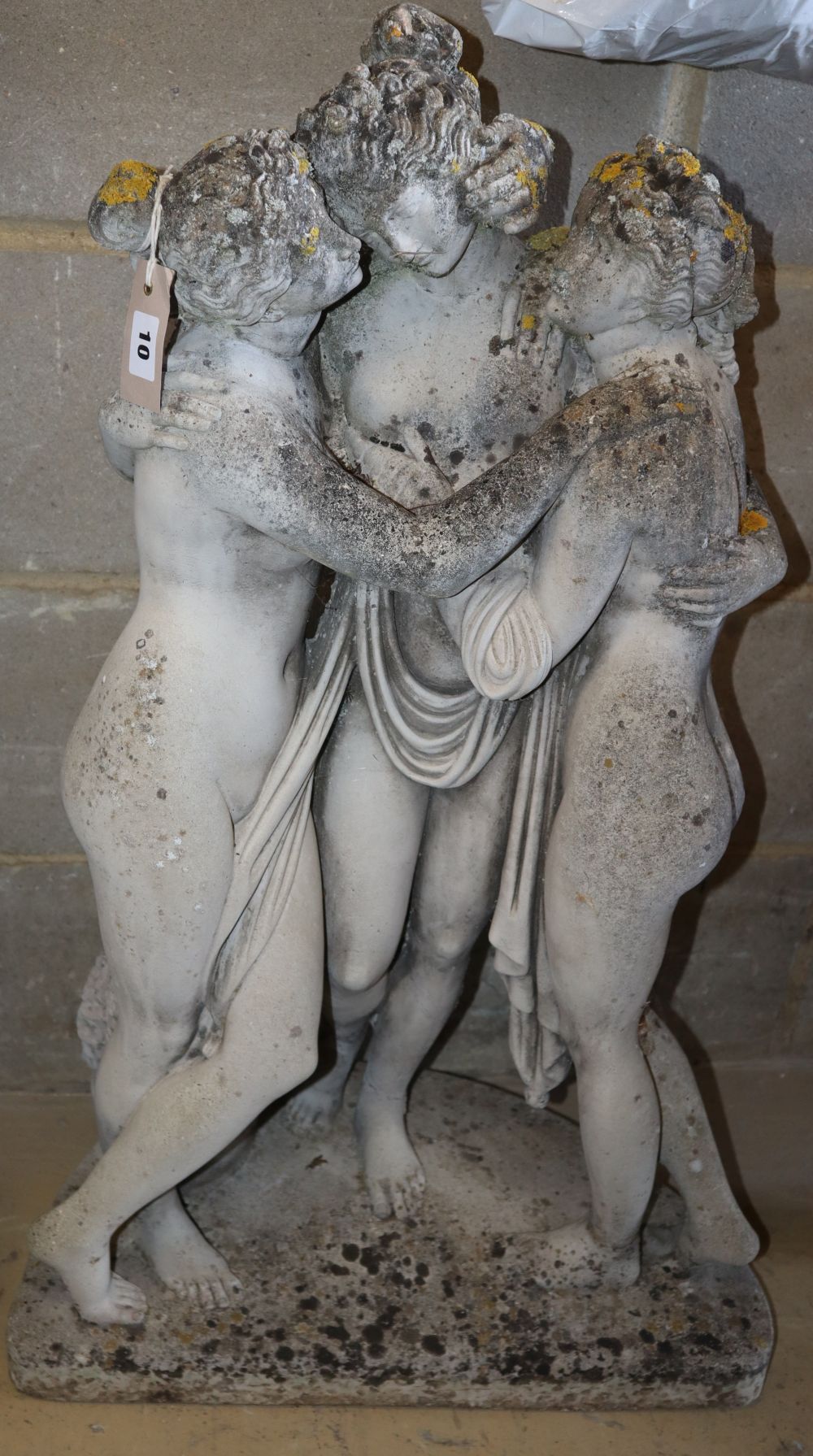 A reconstituted stone garden ornament, Three graces, H.84cm